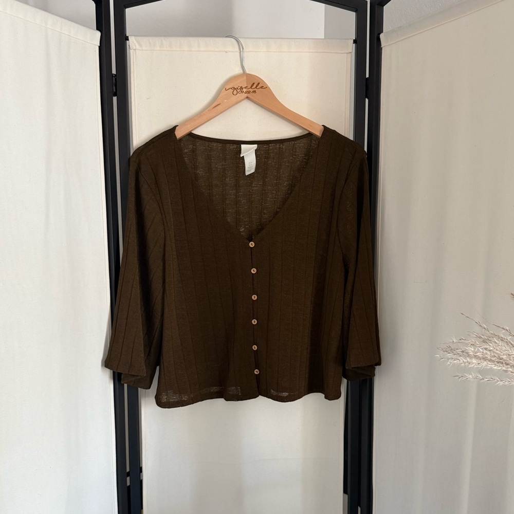 60. H&M Brown/Green Ribbed Bell Sleeve Blouse